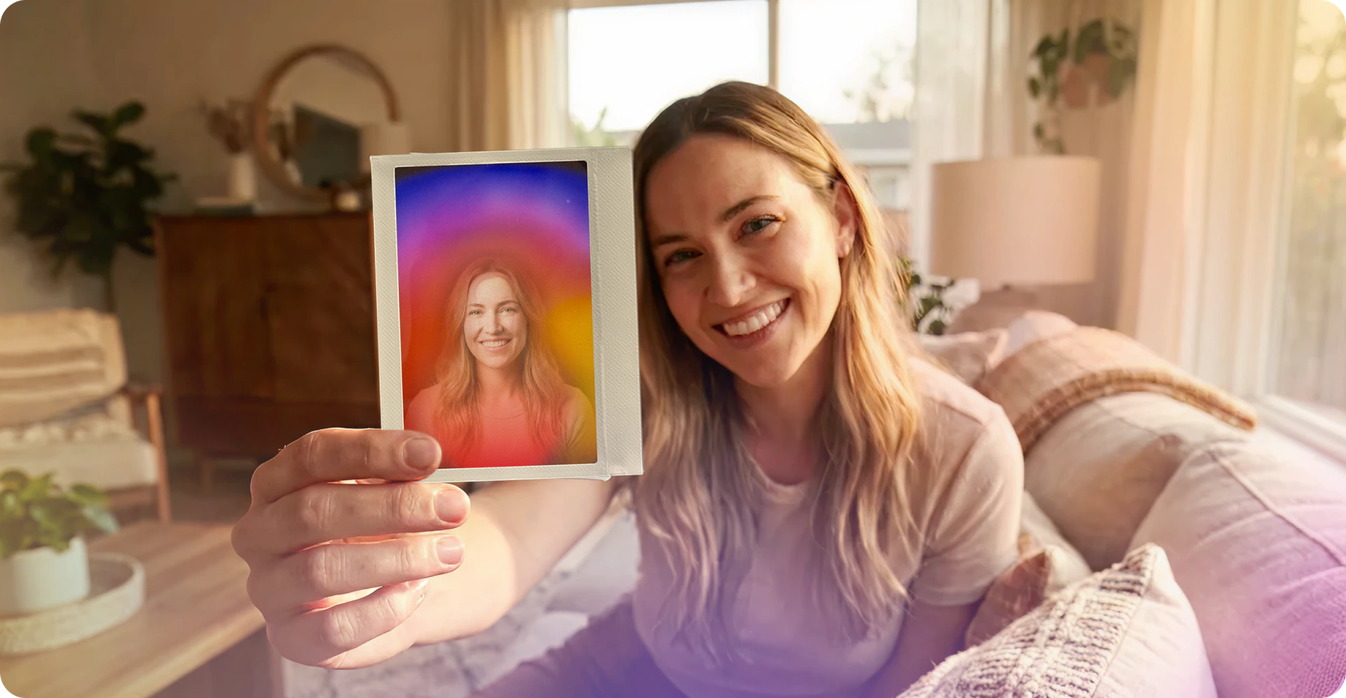 Woman holding a colorful aura photograph