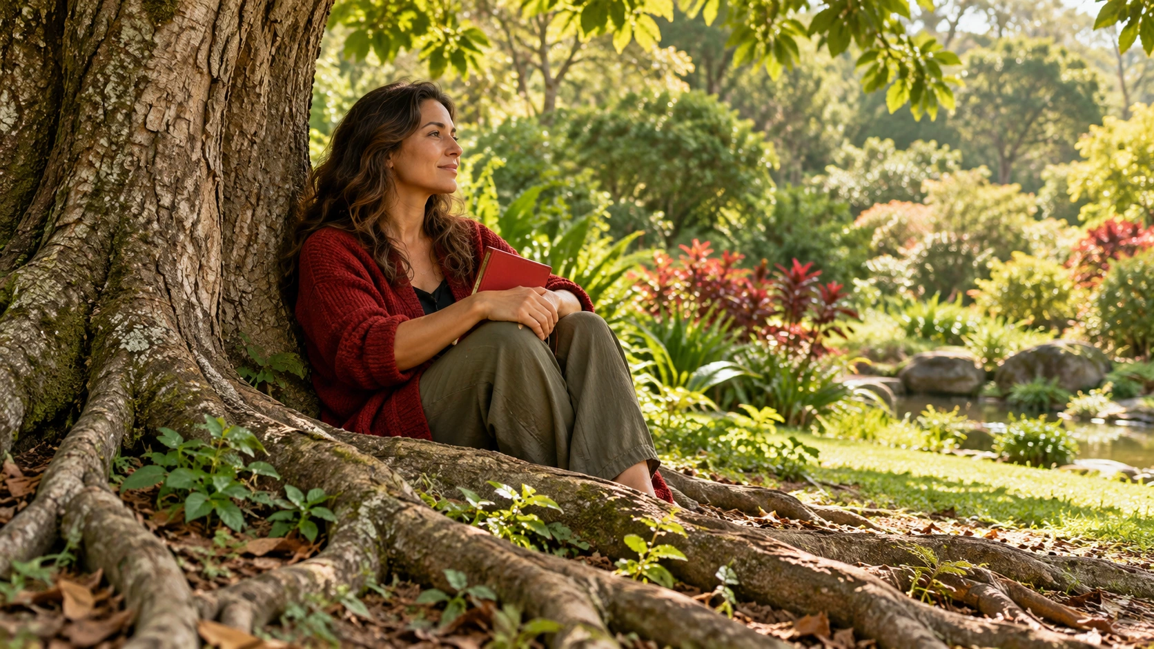 A woman in a red cardigan reflects with a journal beside the roots of a mature tree.